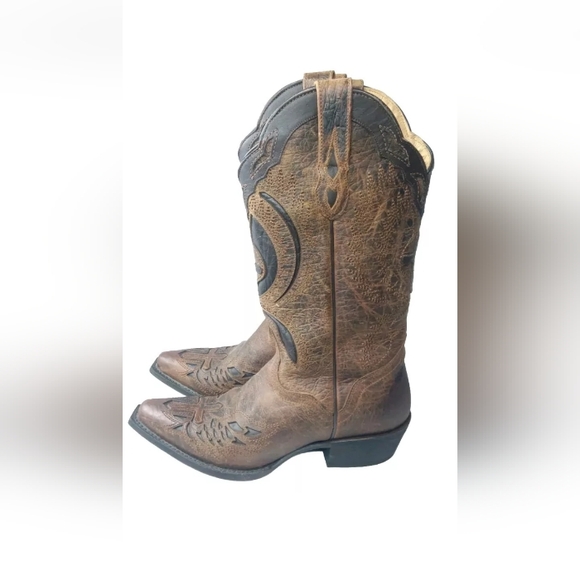 J.B. Dillon Leather Winged Cross Embroidered Cut Out Boots  Size 7 B Brown - Picture 5 of 15